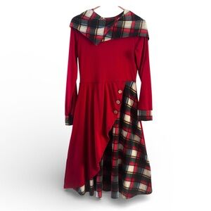 Vtg. Style Gothic Red Plaid/Solid Sheath Midi Dress With Hood Long Sleeves Retro